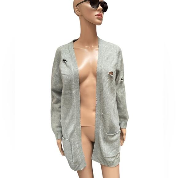 Zara Sweater Cardigan Girls 13-14 Outdoor Distressed Knitted Open Front Gray - Picture 1 of 12